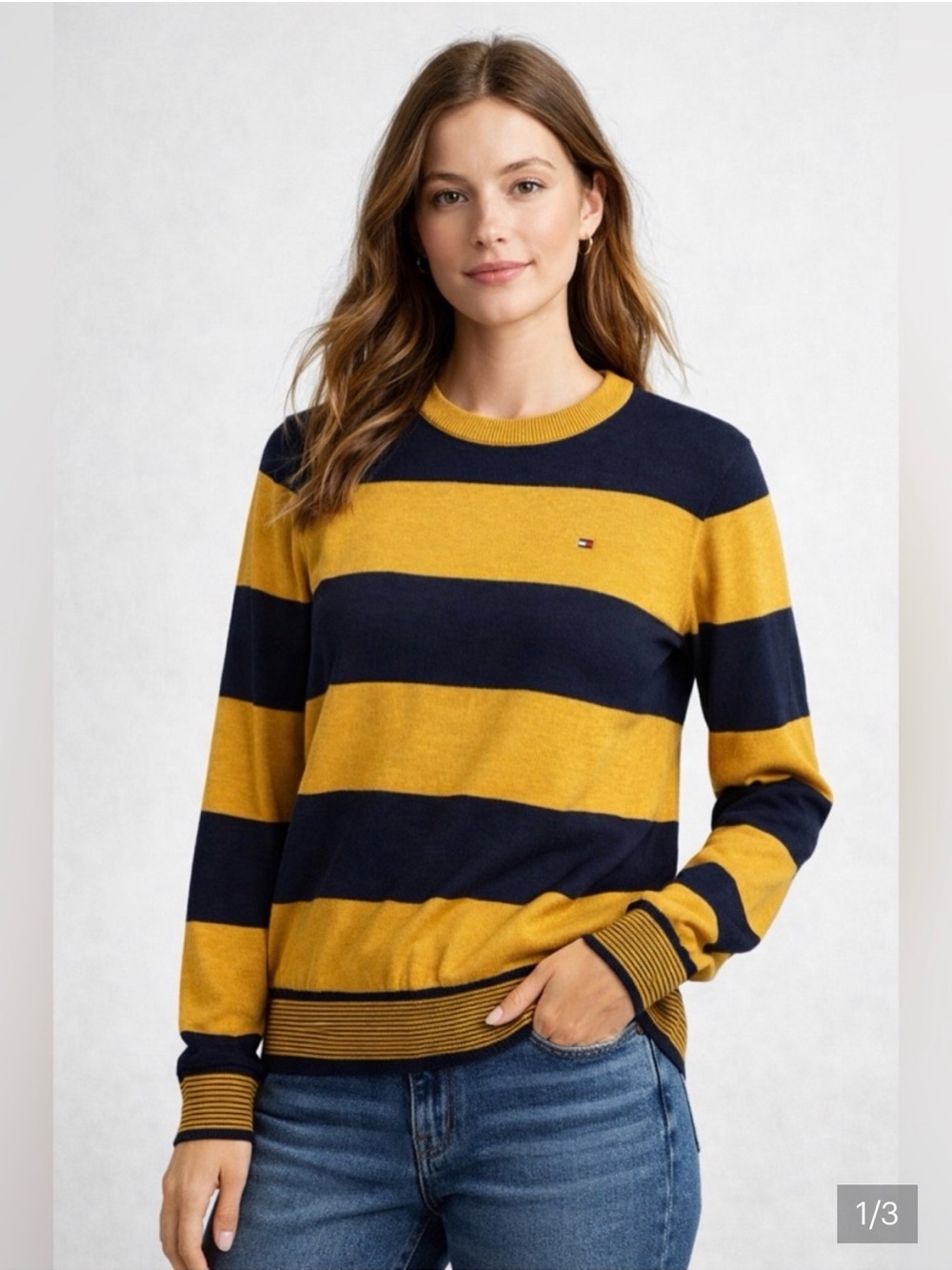 Tommy Hilfiger Navy & Mustard Wide-Stripe Crewneck Sweater